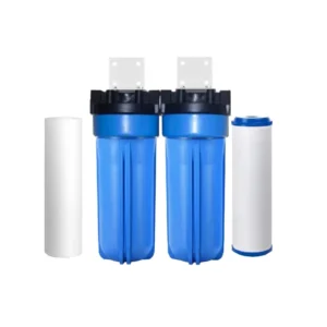 2-Stage compact whole house water filtration system with 3.5 by 10 inch blue housings and pressure release valve.