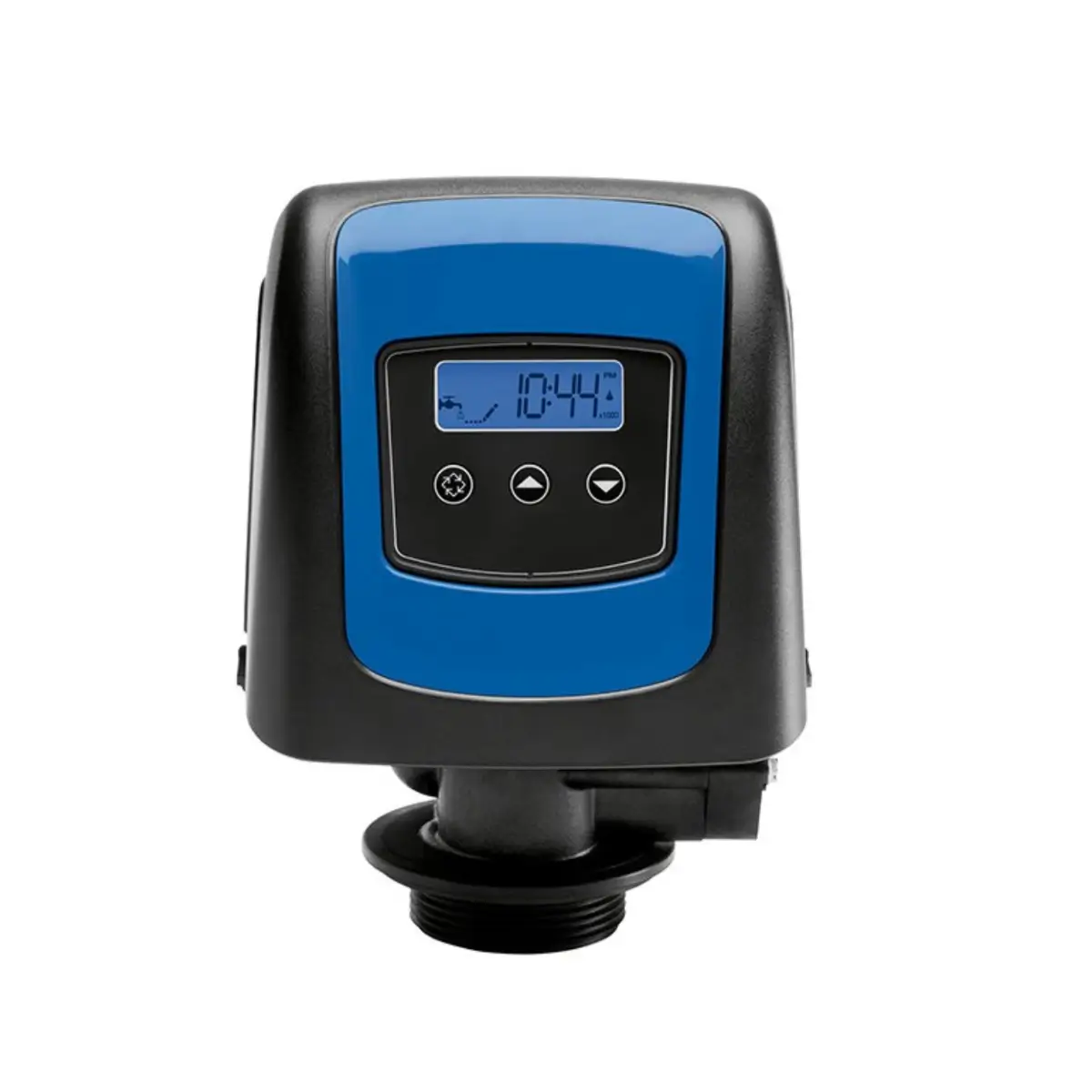 Fleck 5800 sxt digital metered water softener control valve replacement head with LCD display.