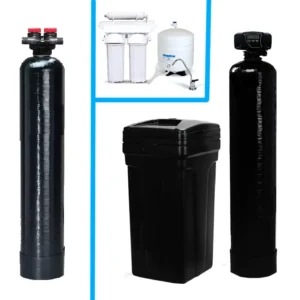 Complete 3-in-1 whole house water softener tank, upflow carbon filtration tank, and undersink reverse osmosis drinking water system package.